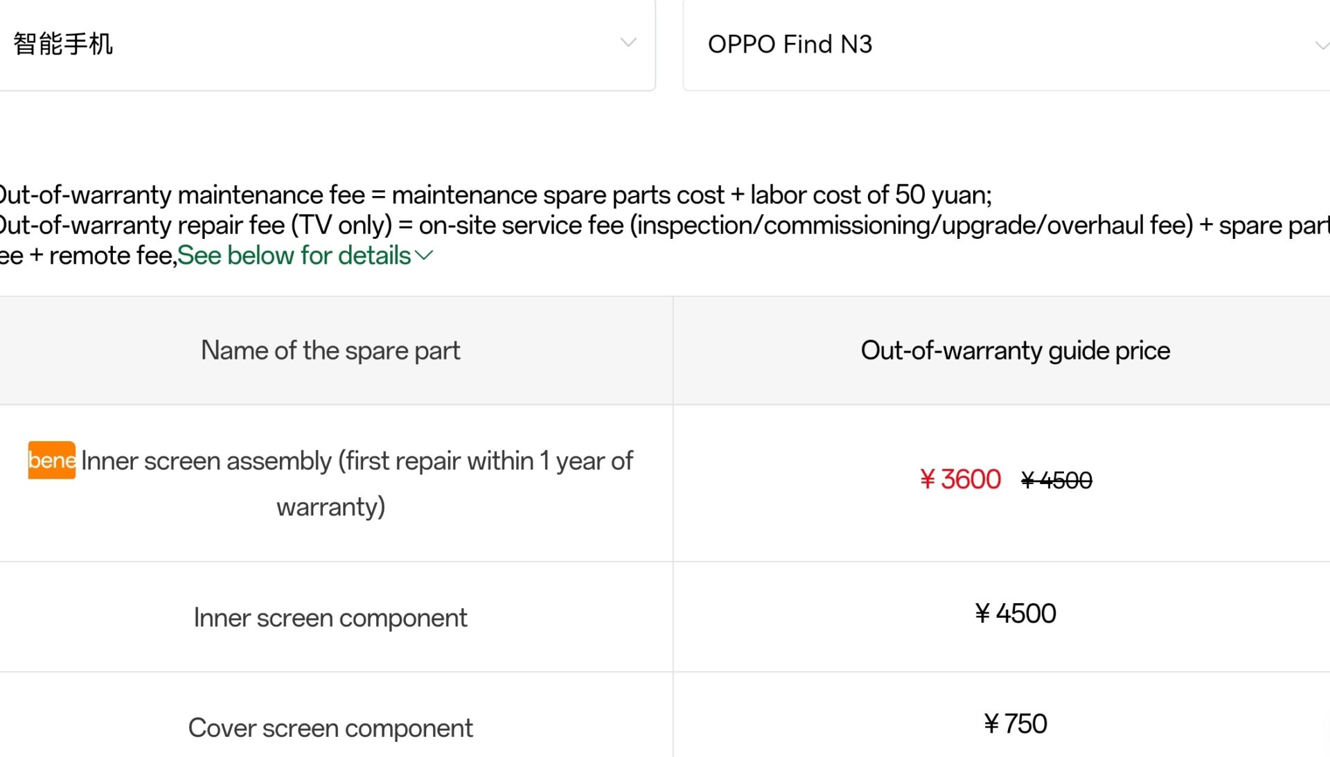 OPPO Find N3 screen cost
